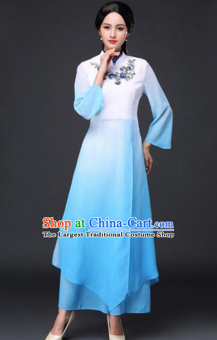 Traditional Chinese Classical Umbrella Dance Blue Cheongsam National Costume Tang Suit Qipao Dress for Women