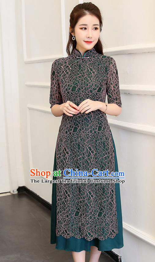 Traditional Chinese Classical Dance Peacock Green Cheongsam National Costume Tang Suit Qipao Dress for Women