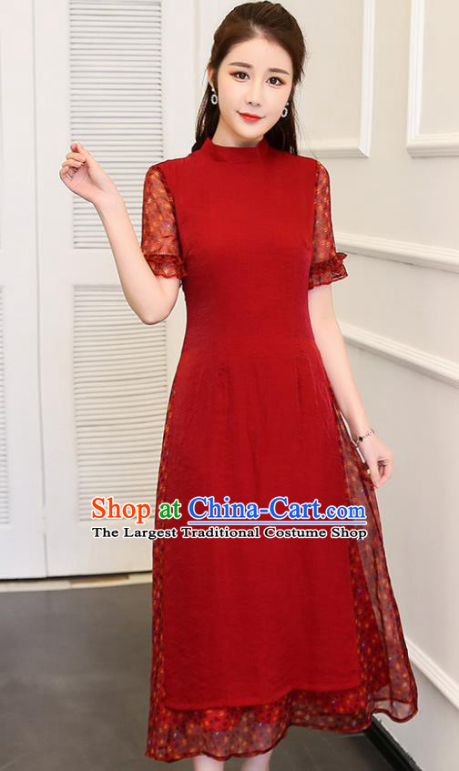 Traditional Chinese Classical Red Cheongsam National Costume Tang Suit Qipao Dress for Women