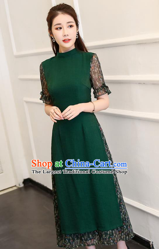 Traditional Chinese Classical Deep Green Cheongsam National Costume Tang Suit Qipao Dress for Women