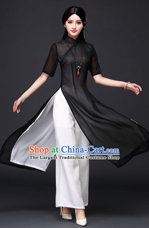 Traditional Chinese Classical Black Veil Cheongsam National Costume Tang Suit Qipao Dress for Women