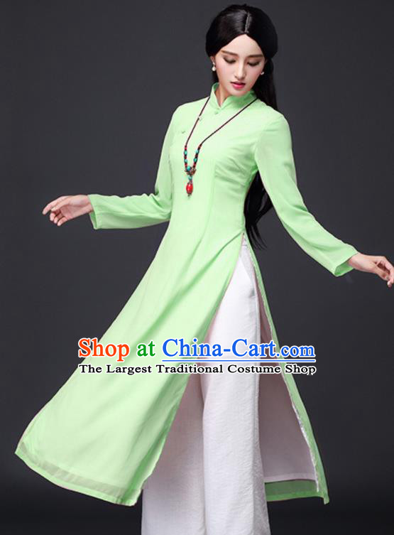 Traditional Chinese Classical Green Veil Cheongsam National Costume Tang Suit Qipao Dress for Women