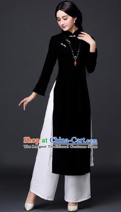 Traditional Chinese Classical Black Velvet Cheongsam National Costume Tang Suit Qipao Dress for Women