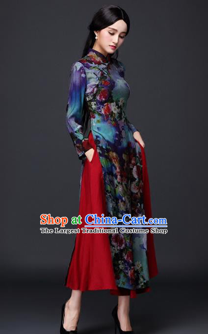 Traditional Chinese Classical Printing Peony Cheongsam National Costume Tang Suit Qipao Dress for Women