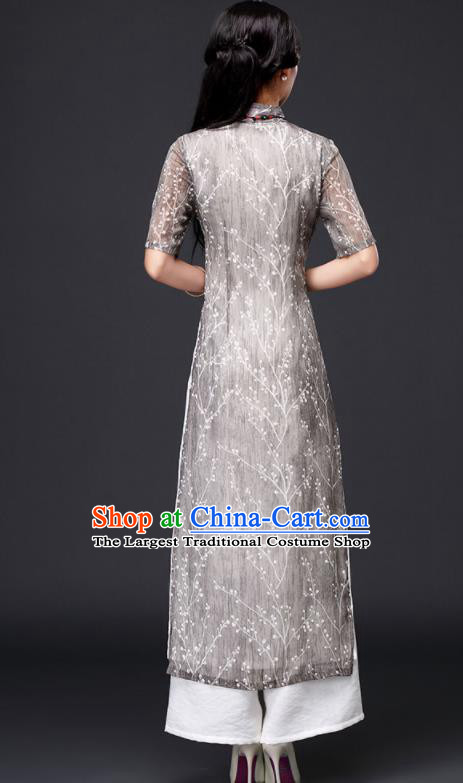 Traditional Chinese Classical Grey Organza Cheongsam National Costume Tang Suit Qipao Dress for Women