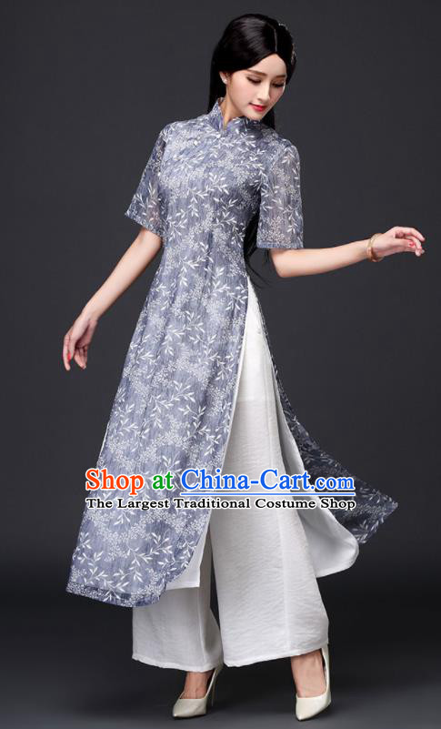 Traditional Chinese Classical Blue Organza Cheongsam National Costume Tang Suit Qipao Dress for Women