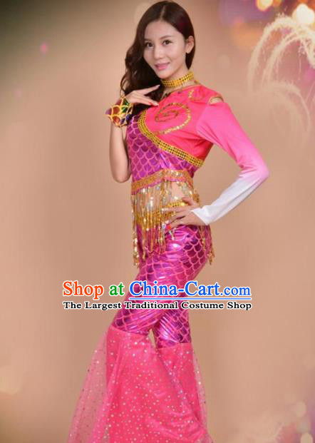 Traditional Chinese Dai Nationality Dance Rosy Costume Ethnic Peacock Dance Stage Show Dress for Women