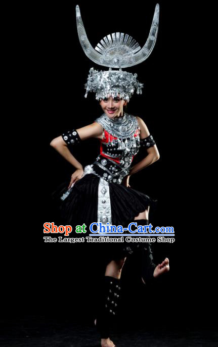Traditional Chinese Miao Nationality Dance Black Dress Hmong Ethnic Dance Stage Show Costume for Women