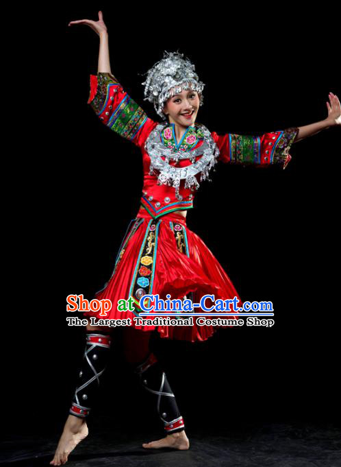 Traditional Chinese Miao Nationality Dance Red Dress Hmong Ethnic Dance Stage Show Costume for Women