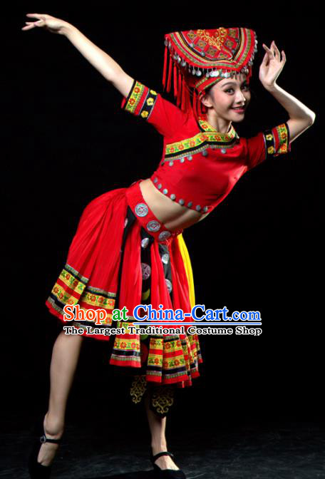 Traditional Chinese Yao Nationality Dance Red Dress Ethnic Dance Stage Show Costume for Women