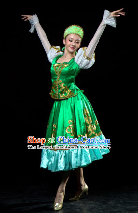 Professional Russia Dance Costume Russian Dance Stage Show Green Dress for Women