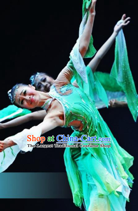 Traditional Chinese Classical Dance Fan Dance Costumes Umbrella Dance Stage Show Green Dress for Women