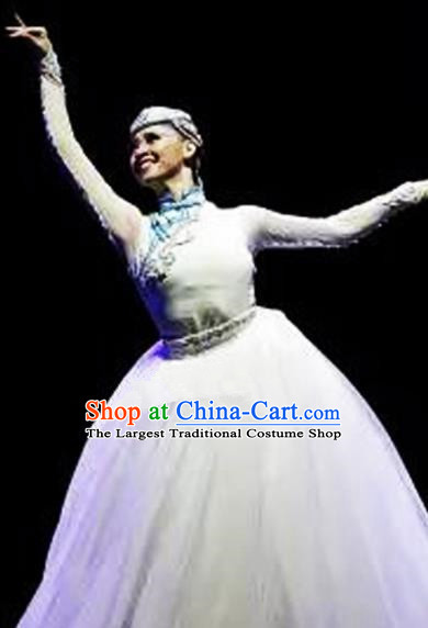 Traditional Chinese Mongol Nationality Dance White Dress Ethnic Mongolian Stage Show Costume for Women