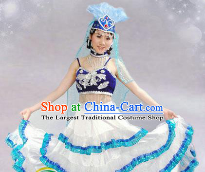 Traditional Chinese Kazak Nationality Dance Costume Ethnic Dance Stage Show White Dress for Women