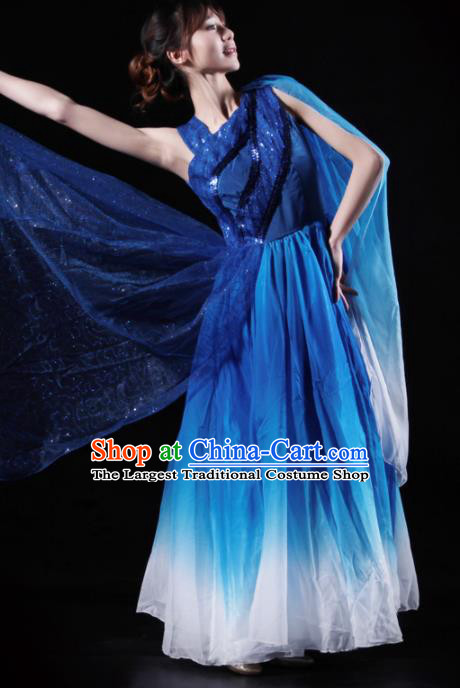 Chinese Chorus Competition Costume Traditional Stage Show Dance Deep Blue Dress for Women