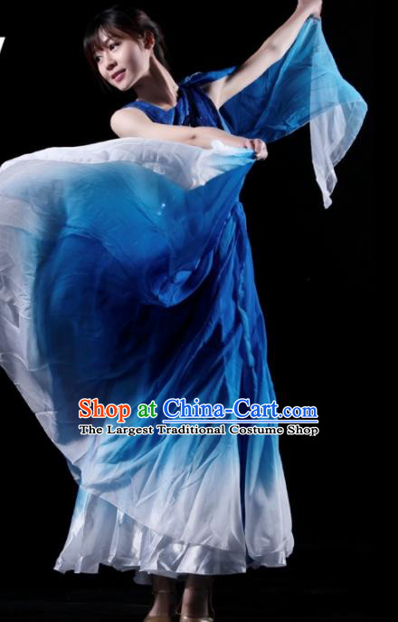 Chinese Chorus Competition Costume Traditional Stage Show Dance Deep Blue Dress for Women