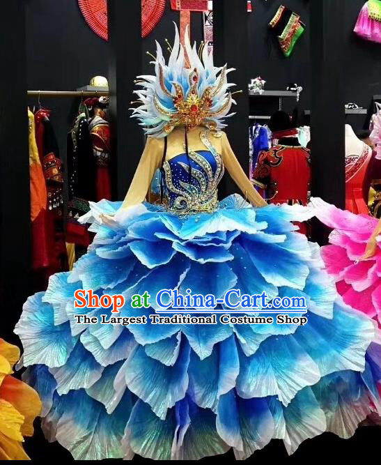 Traditional Chinese Spring Festival Gala Peony Dance Blue Dress Classical Dance Stage Show Costume for Women