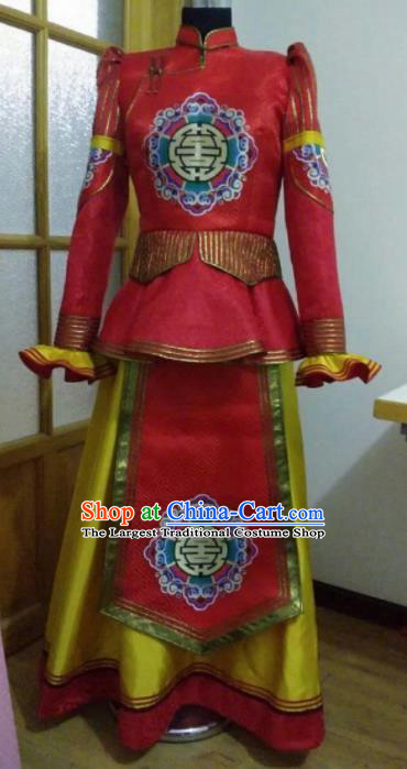 Traditional Chinese Mongol Nationality Red Brocade Dress Mongolian Ethnic Wedding Stage Show Costume for Women