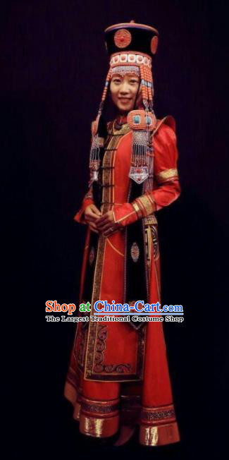 Traditional Chinese Mongol Nationality Bride Red Brocade Dress Mongolian Ethnic Wedding Stage Show Costume for Women