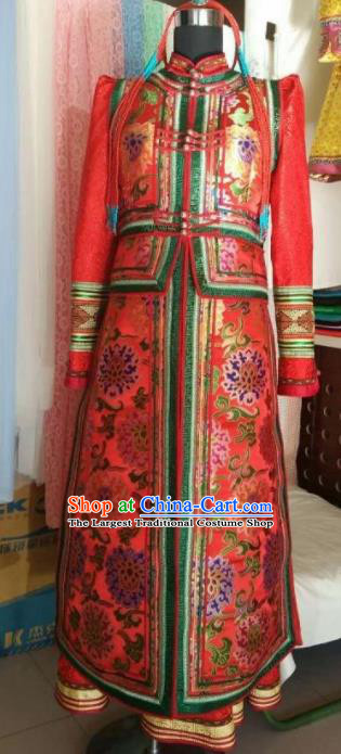 Traditional Chinese Mongol Nationality Wedding Red Dress Mongolian Ethnic Dance Stage Show Costume for Women