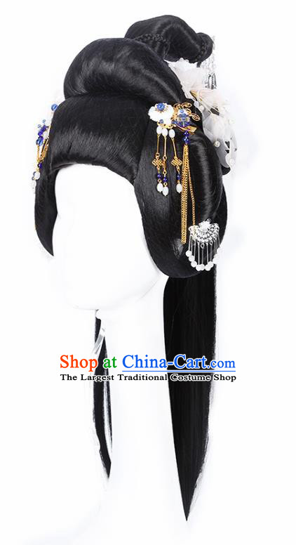 Chinese Traditional Tang Dynasty Imperial Consort Wigs and White Flower Hairpins Ancient Peri Princess Hair Accessories for Women