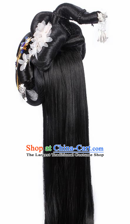 Chinese Traditional Tang Dynasty Imperial Consort Wigs and White Flower Hairpins Ancient Peri Princess Hair Accessories for Women