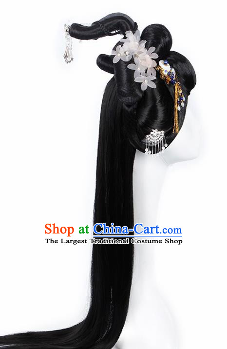 Chinese Traditional Tang Dynasty Court Lady Wigs and White Flower Hairpins Ancient Peri Princess Hair Accessories for Women