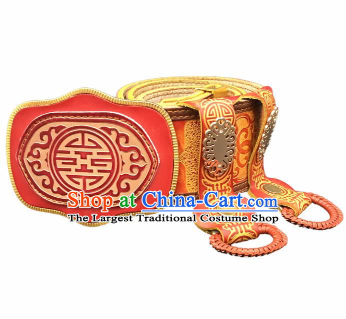 Traditional Chinese Mongol Nationality Red Leather Belt Mongolian Ethnic Waistband for Men