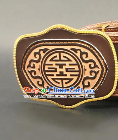 Traditional Chinese Mongol Nationality Brown Leather Belt Mongolian Ethnic Waistband for Men