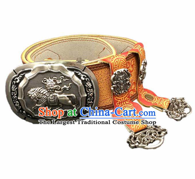 Traditional Chinese Mongol Nationality Coffee Leather Belt Mongolian Ethnic Waistband for Men