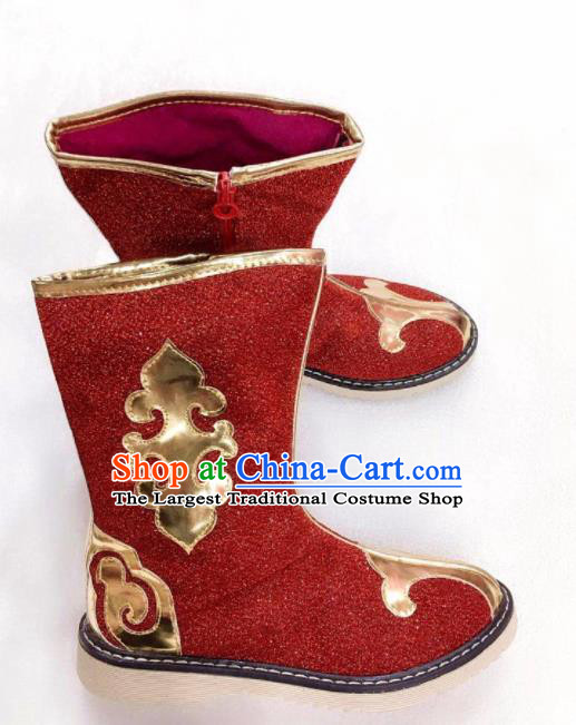 Chinese Traditional Mongol Nationality Red Boots Mongolian Ethnic Leather Riding Boots for Kids