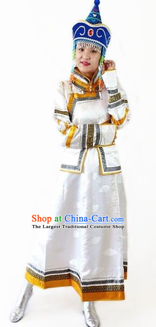 Traditional Chinese Mongol Nationality Dance White Dress Mongolian Ethnic Wedding Stage Show Costume for Women