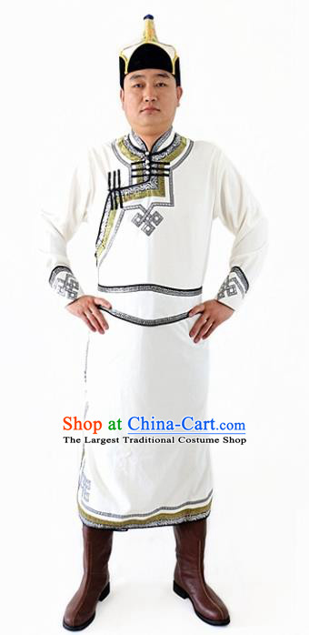 Chinese Traditional Mongol Nationality Costumes Ethnic Dance Stage Show White Mongolian Robe for Men