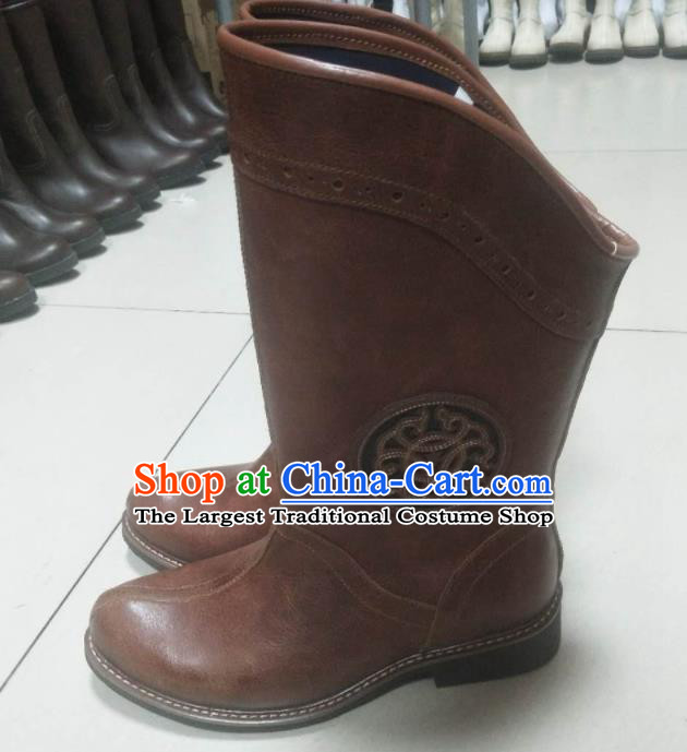 Chinese Traditional Mongol Nationality Reddish Brown Boots Mongolian Ethnic Leather Riding Boots for Men