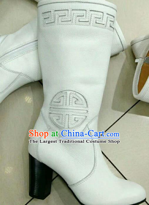Chinese Traditional Mongol Nationality White Riding Boots Mongolian Ethnic Shoes High Heel Leather Boots for Women
