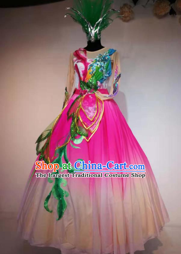 Traditional Chinese Spring Festival Gala Dance Rosy Veil Dress Opening Dance Stage Show Costume for Women