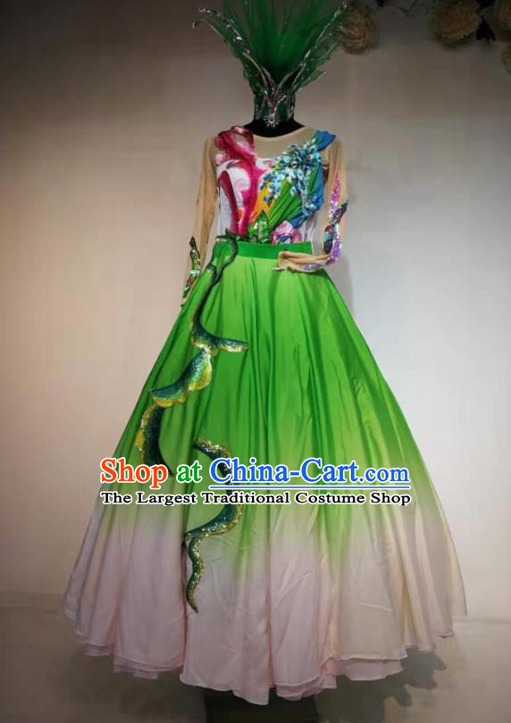 Traditional Chinese Spring Festival Gala Dance Green Veil Dress Opening Dance Stage Show Costume for Women