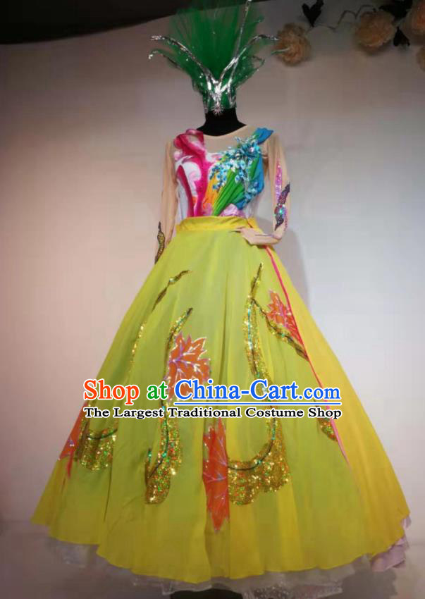 Traditional Chinese Spring Festival Gala Dance Yellow Veil Dress Opening Dance Stage Show Costume for Women