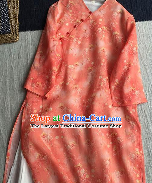Chinese Traditional Tang Suit Printing Orange Ramie Cheongsam National Costume Qipao Dress for Women