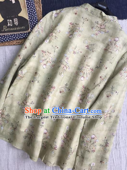 Chinese Traditional Tang Suit Printing Light Green Ramie Blouse National Upper Outer Garment Costume for Women