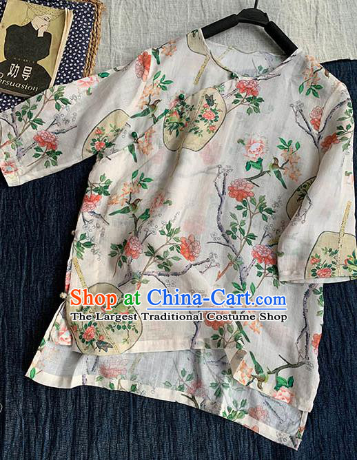Chinese Traditional Tang Suit Printing Fan White Ramie Blouse National Upper Outer Garment Costume for Women