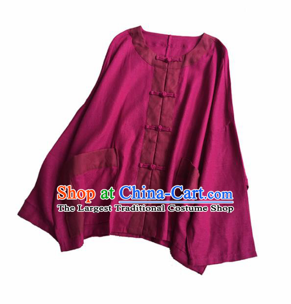 Chinese Traditional Tang Suit Wine Red Flax Blouse National Upper Outer Garment Costume for Women