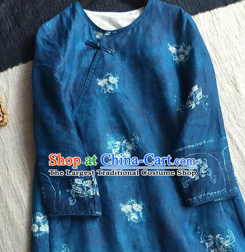 Chinese Traditional Tang Suit Printing Petunia Royalblue Ramie Cheongsam National Costume Qipao Dress for Women