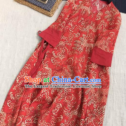 Chinese Traditional Tang Suit Printing Dragon Red Ramie Cheongsam National Costume Qipao Dress for Women