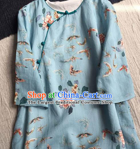 Chinese Traditional Tang Suit Printing Butterfly Peony Blue Ramie Cheongsam National Costume Qipao Dress for Women