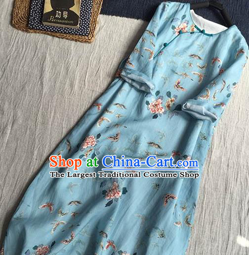 Chinese Traditional Tang Suit Printing Butterfly Peony Blue Ramie Cheongsam National Costume Qipao Dress for Women