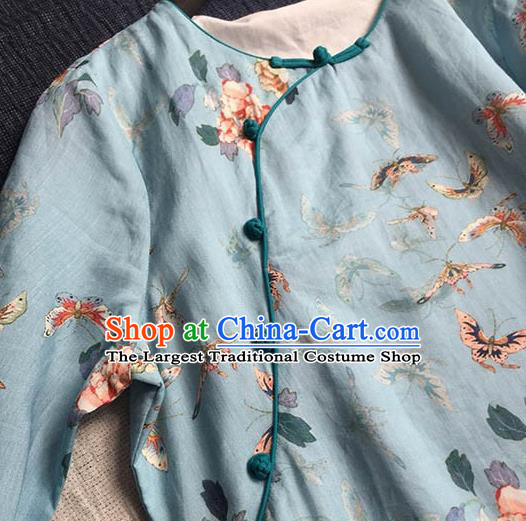 Chinese Traditional Tang Suit Printing Butterfly Peony Blue Ramie Cheongsam National Costume Qipao Dress for Women