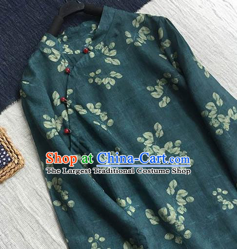 Chinese Traditional Tang Suit Printing Atrovirens Ramie Cheongsam National Costume Qipao Dress for Women