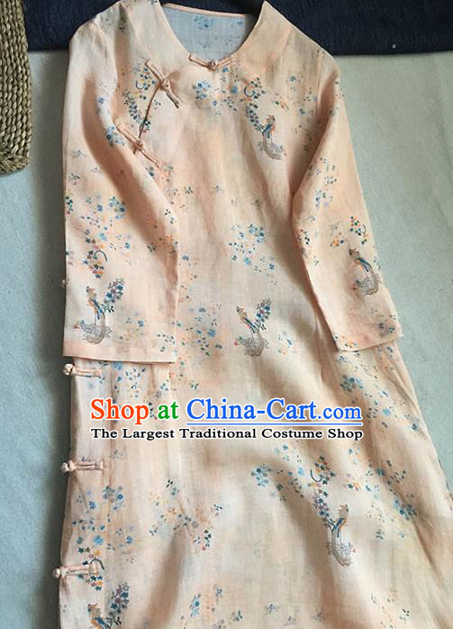 Chinese Traditional Tang Suit Printing Light Pink Ramie Cheongsam National Costume Qipao Dress for Women