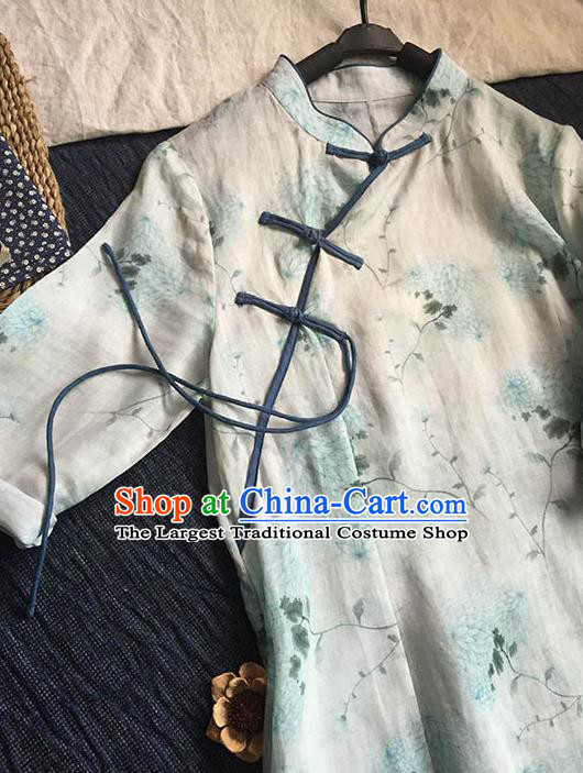 Chinese Traditional Tang Suit Printing Chrysanthemum White Ramie Cheongsam National Costume Qipao Dress for Women